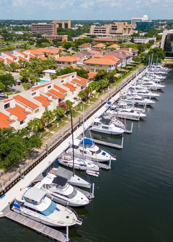boats docked along waterfront in Pensacola, FL